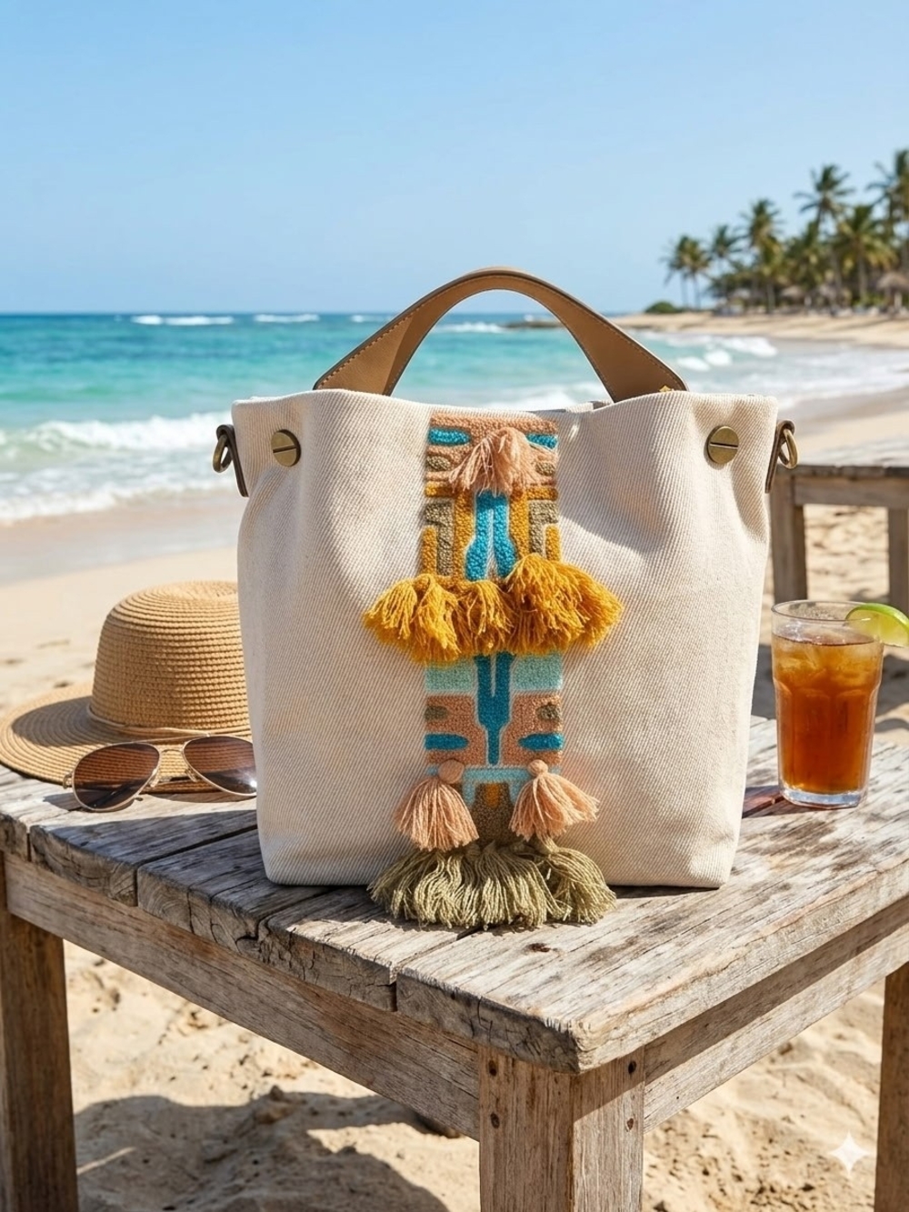 Elle Jae GypsetCanvas Tote Bag with Colorful Tassel NWT